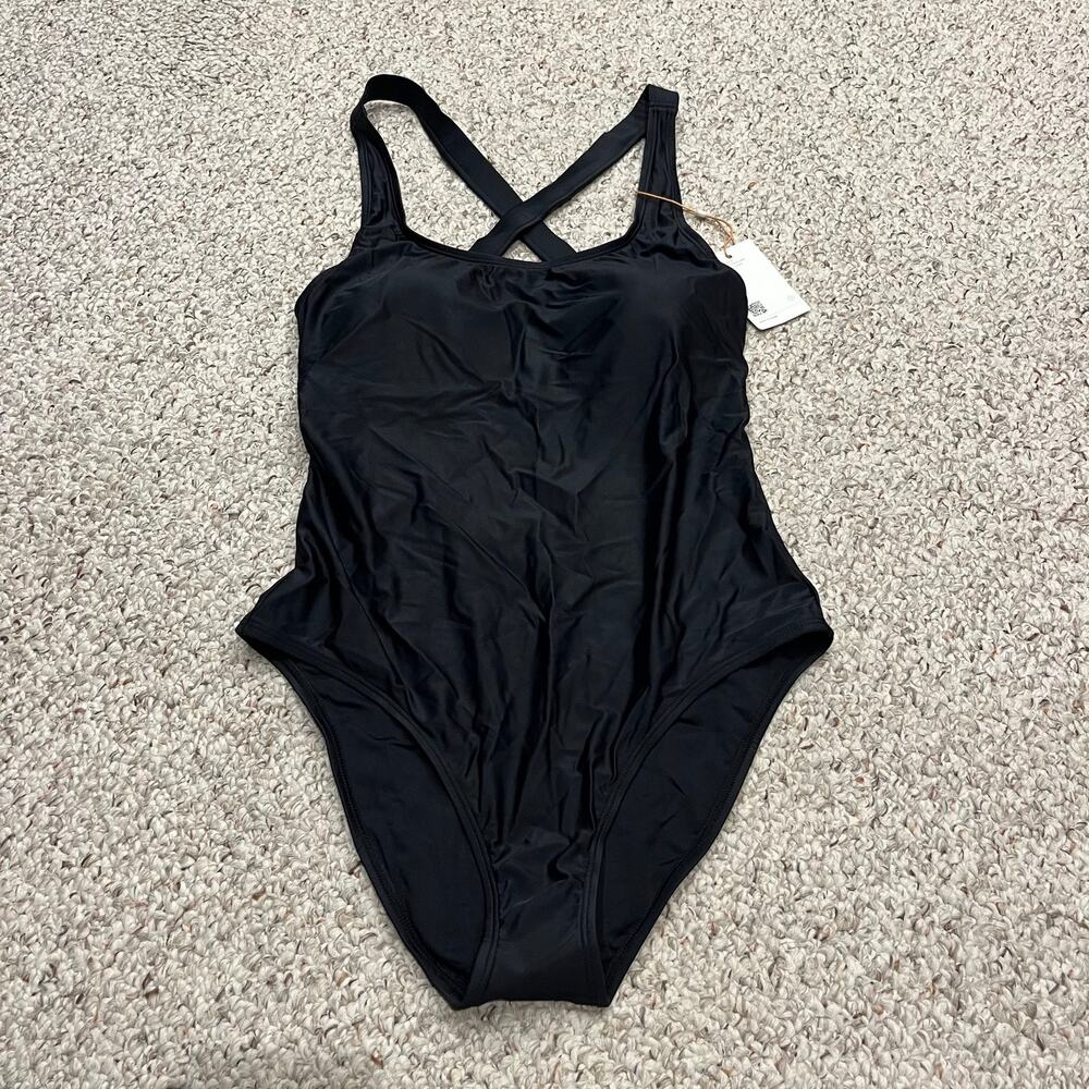 NEW Quince Italian Cross Back One Piece Swimsuit Sz XL Black Summer Classic